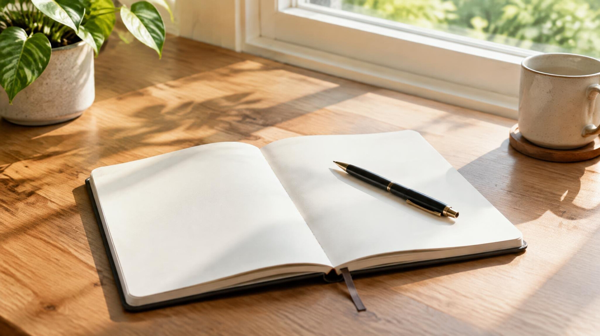 Open notebook with pen on a desk near a window