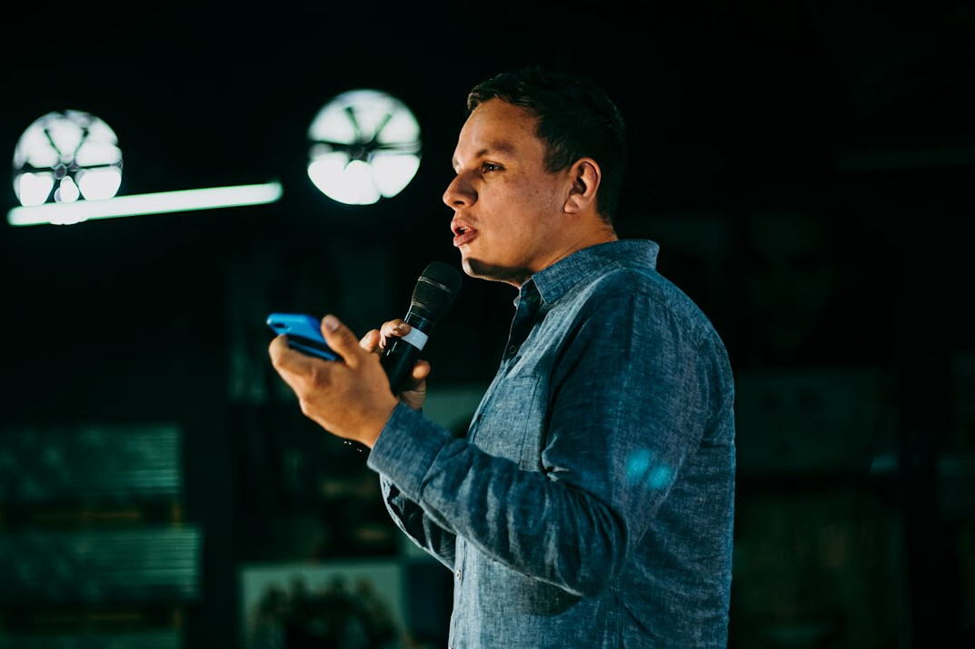 man practicing public speaking
