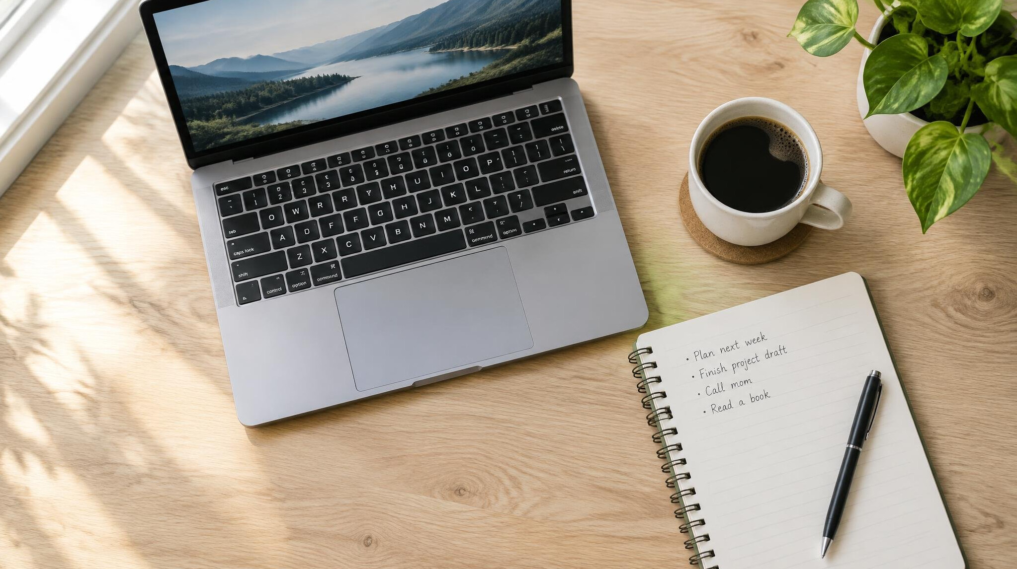 Laptop and notebook on a wooden desk with coffee